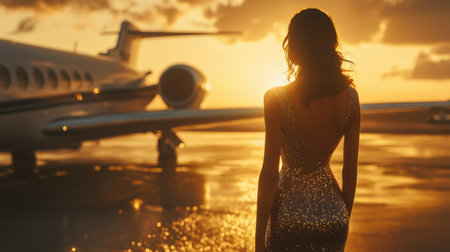 A breathtaking view of a woman in a glittering dress, framed by a private jet and a golden sunset, evoking cinematic luxuryの素材