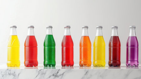 A colorful display of soda bottles on marble, their sleek design and bright tones showcasing a variety of refreshing beverage optionsの素材