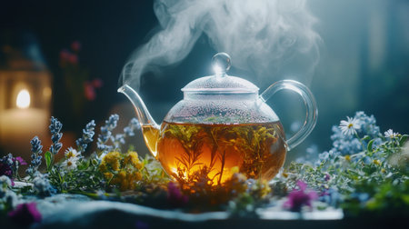 A charming shot of a steaming glass teapot with herbal tea, encircled by vibrant herbs, perfect for tea enthusiasts and lifestyle contentの素材