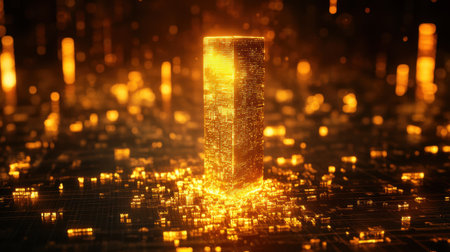 A luminous gold-bar exclamation mark in front of digital financial charts, representing economic growth and successの素材