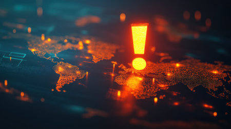 A glowing exclamation mark positioned in front of a world map with visible trade routes, symbolizing global connections and impactful ideasの素材