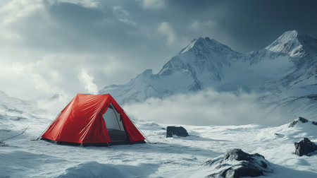 A red camping tent in the harsh, snowy landscape of Mount Everest, symbolizing endurance and exploration in extreme conditionsの素材