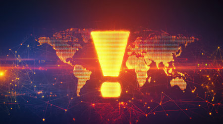 A luminous exclamation mark over a global business map with dynamic lines and glowing points representing trade hubs and cooperationの素材