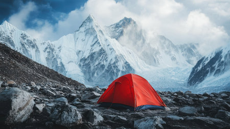 A red camping tent on a rocky Everest slope, with majestic icy peaks in the background, capturing extreme adventure at high altitudesの素材