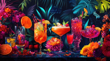 A striking scene featuring colorful cocktails and intricate garnishes, their bright hues glowing against a dramatic, dark backgroundの素材