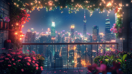 A peaceful balcony scene with a stunning view of a vibrant city skyline, illuminated by countless radiant lightsの素材