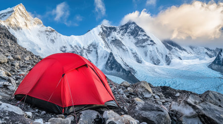 A red camping tent on a rocky Everest slope, with majestic icy peaks in the background, capturing extreme adventure at high altitudesの素材