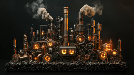 A steampunk machine recycling waste, complete with gears, smokestacks, and glowing copper components, revolutionizing efficiencyの素材