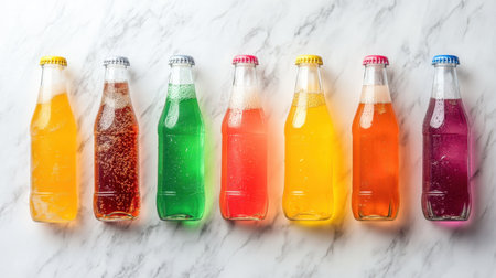 A vibrant lineup of colorful soda bottles on a light marble surface, their bright labels and refreshing tones showcasing a variety of flavorsの素材
