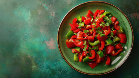 A vibrant image of a plate adorned with red and green bell peppers, their fresh, bright hues ideal for promoting health-conscious recipesの素材