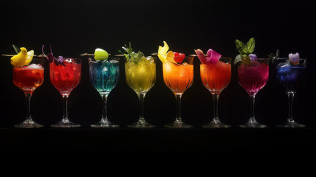 A vibrant assortment of colorful beverages in elegant glasses, set against a sleek black background, with intricate garnishes highlighting refreshing flavorsの素材