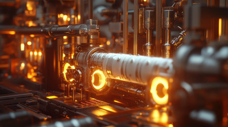 A steampunk recycling system glowing with brass machinery, transforming waste into usable materials in a complex automated processの素材