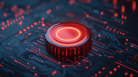 A futuristic pause button glowing on a digital circuit board, symbolizing control over online services and cloud computing operationsの素材