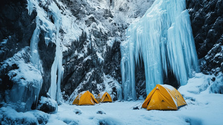 A rugged winter campsite at the base of a frozen waterfall, tents surrounded by pristine snow and towering icy formationsの素材