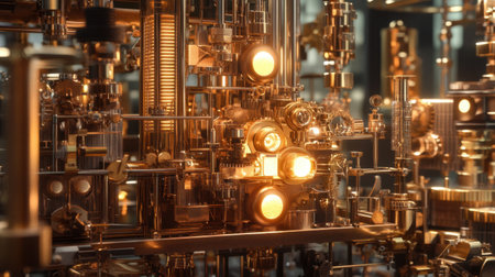 A steampunk recycling system glowing with brass machinery, transforming waste into usable materials in a complex automated processの素材
