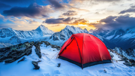 A vibrant red tent on a snowy ledge, showcasing the adventurous spirit of high-altitude camping on Mount Everestの素材
