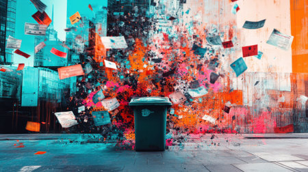 A vibrant urban backdrop with a rubbish bin surrounded by falling ticker tapes and financial symbols, representing economic inefficienciesの素材