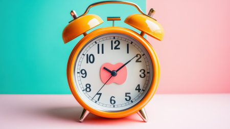 A yellow-orange alarm clock with a central pause symbol, isolated against a pastel backdrop, representing taking a break in a simple styleの素材