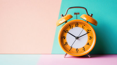 A yellow-orange alarm clock with a central pause symbol, isolated against a pastel backdrop, representing taking a break in a simple styleの素材