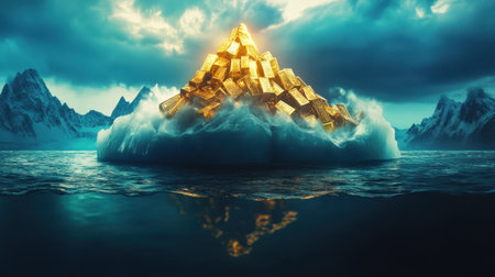 An iceberg composed of gold bars, with most of its mass hidden beneath turbulent economic visuals and declining chartsの素材