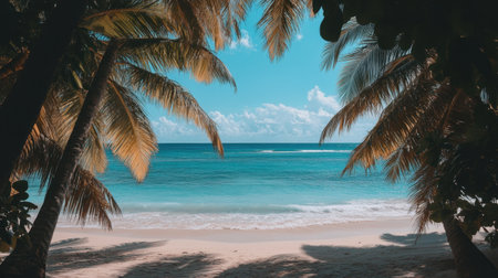 A tranquil summer beach with palm trees framing a blue ocean and blank space for creative contentの素材