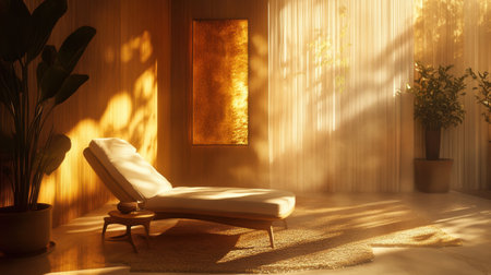 A tranquil setting bathed in soft golden light, highlighting the interplay of shadows and warm tones to create a peaceful ambianceの素材