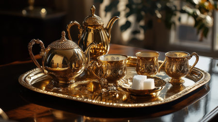 A vintage-style gold tea set on a polished tray, complete with a sugar pot and glasses, evoking sophistication and classic eleganceの素材
