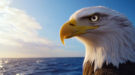 A stunning portrait of a bald eagle's head, its golden beak and striking white feathers sharply contrasted against a vivid blue skyの素材