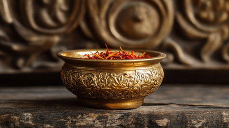 A small golden bowl brimming with vibrant saffron strands, placed on a rustic wooden table, symbolizing gourmet spices and traditional cooking essentialsの素材
