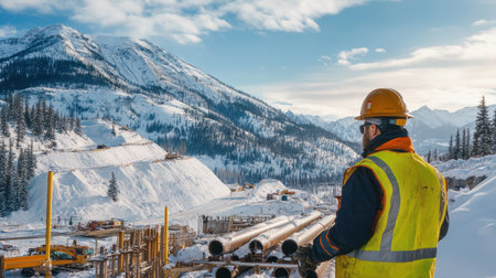 A snowy mountain site with a construction worker overseeing pipelines, emphasizing infrastructure in challenging terrainの素材