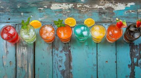A vibrant mix of alcohol cocktails in various glasses with ice and fruits, arranged neatly on a wooden surfaceの素材