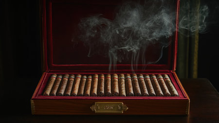 An assortment of classic cigars, arranged elegantly in a velvet-lined box, with smoke curling softly in the background, symbolizing relaxation and styleの素材