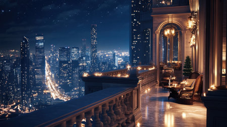 A serene balcony view overlooking a dazzling city skyline, the radiant lights creating a mesmerizing and luxurious nighttime sceneの素材
