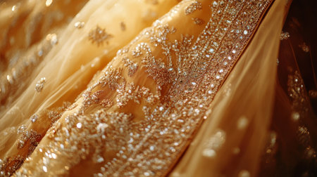 Close-up of a golden Indian wedding dress showcasing intricate zari work, beads, and elegant patternsの素材