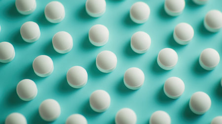 Detailed macro shot of round white pills spread across a teal background for a modern healthcare aestheticの素材
