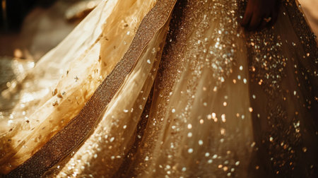 Radiant golden wedding attire with flowing fabric and detailed embroidery, perfect for a regal bridal lookの素材