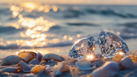 Sunlight reflects off two diamonds placed on a beach, surrounded by seashells and a calm sea backdropの素材
