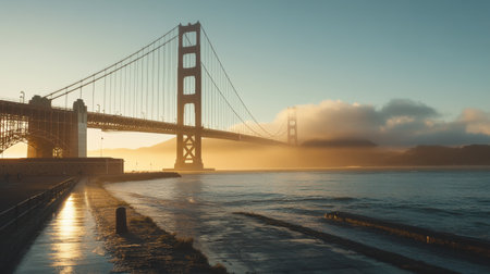 The Golden Gate Bridge shrouded in mist during sunrise, with golden hues breaking through the fogの素材