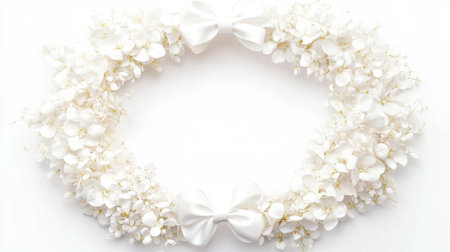 A beautiful white floral wreath with an elegant bow, designed as a wedding or festive decoration on a white backgroundの素材