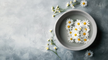 A minimalist gray background featuring a foot bath adorned with chamomile flowers, ideal for wellness-themed designs with copy spaceの素材