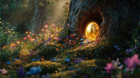 A glowing golden egg hidden in a mossy tree trunk, surrounded by vibrant wildflowers, creating a magical Easter momentの素材