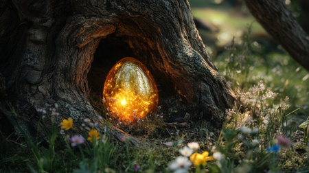 A golden egg emitting a soft glow, nestled inside a hollow tree trunk with delicate wildflowers scattered aroundの素材