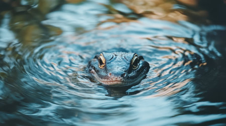 Close-up of an Asian water monitor swimming through a peaceful river, offering a dynamic image with plenty of copy spaceの素材