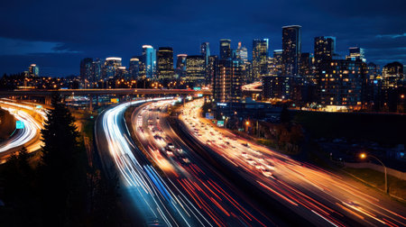 A bustling urban highway captured at night by a drone, showcasing bright city lights and dynamic traffic patternsの素材