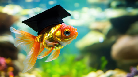 A goldfish dressed in a miniature graduation outfit proudly poses in a colorful aquatic environment, symbolizing achievementの素材