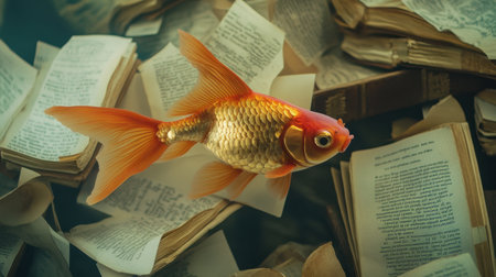 A goldfish wearing a tiny mortarboard and gown swims near decorative books and scrolls, creating a fun, surreal academic themeの素材