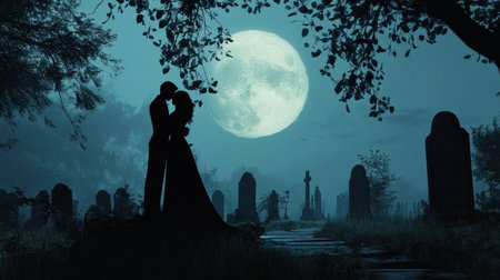 A moonlit graveyard frames a silhouetted couple in love, their bond defying time and mortality in a poetic sceneの素材
