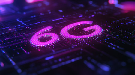 A sleek depiction of "6G" glowing within a tech-inspired digital design, highlighting innovation and advanced connectivityの素材