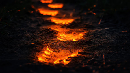Fiery footprints light up a shadowy path, creating a dramatic image of power, progress, and an intense journeyの素材