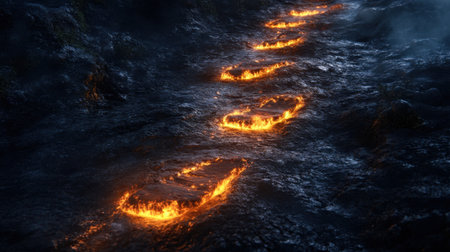 Glowing, fiery footsteps blaze along a dark, rugged trail, symbolizing determination and power in a striking visualの素材